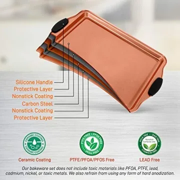 NutriChef 3 Piece Baking Pan Set - PFOA, PFOS, PTFE Free Flexible Nonstick Carbon Steel Bakeware Set - Home Kitchen Bake Pan Cookie Sheet Stackable Baking Tray Set w/Black Silicone Handles NCSBS3S45