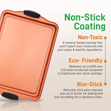 NutriChef 3 Piece Baking Pan Set - PFOA, PFOS, PTFE Free Flexible Nonstick Carbon Steel Bakeware Set - Home Kitchen Bake Pan Cookie Sheet Stackable Baking Tray Set w/Black Silicone Handles NCSBS3S45