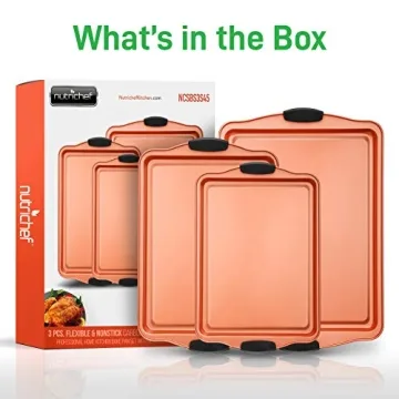 NutriChef 3 Piece Baking Pan Set - PFOA, PFOS, PTFE Free Flexible Nonstick Carbon Steel Bakeware Set - Home Kitchen Bake Pan Cookie Sheet Stackable Baking Tray Set w/Black Silicone Handles NCSBS3S45