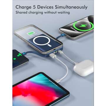 podoru for Magsafe Battery Pack, 10000mAh Magnetic Power Bank Built-in USB C Lighting Cables 22.5W P...