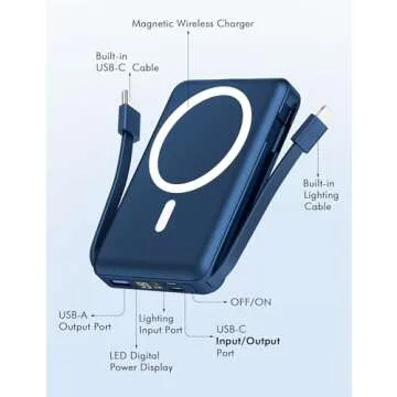 podoru for Magsafe Battery Pack, 10000mAh Magnetic Power Bank Built-in USB C Lighting Cables 22.5W PD Fast Charging LED Display Wireless Portable Charger for iPhone 16/15/14/13/12 All Series-Navy Blue