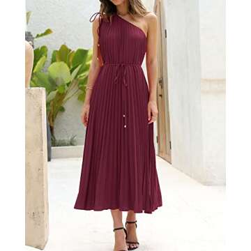 BTFBM Women's Drawstring One Shoulder Maxi Dresses Summer Sleeveless Tie Waist Pleated Long Flowy Party Cocktail Dress(Solid Wine Red, Small)