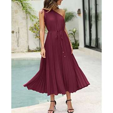 BTFBM Women's Drawstring One Shoulder Maxi Dresses Summer Sleeveless Tie Waist Pleated Long Flowy Party Cocktail Dress(Solid Wine Red, Small)
