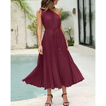 BTFBM Women's Drawstring One Shoulder Maxi Dresses Summer Sleeveless Tie Waist Pleated Long Flowy Party Cocktail Dress(Solid Wine Red, Small)