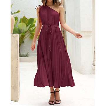 BTFBM Women's Drawstring One Shoulder Maxi Dresses Summer Sleeveless Tie Waist Pleated Long Flowy Party Cocktail Dress(Solid Wine Red, Small)