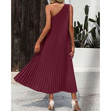 BTFBM Women's Drawstring One Shoulder Maxi Dresses Summer Sleeveless Tie Waist Pleated Long Flowy Party Cocktail Dress(Solid Wine Red, Small)