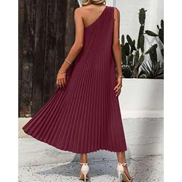 BTFBM Women's Drawstring One Shoulder Maxi Dresses Summer Sleeveless Tie Waist Pleated Long Flowy Party Cocktail Dress(Solid Wine Red, Small)