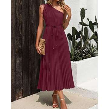 BTFBM Women's Drawstring One Shoulder Maxi Dresses Summer Sleeveless Tie Waist Pleated Long Flowy Party Cocktail Dress(Solid Wine Red, Small)