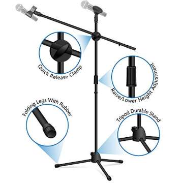 Microphone Stand, Kasonic Adjustable Tripod Boom Mic Stands with 2 Mic Clip Holders; Professional Collapsible for Performance, Karaoke Singing, Speech, Wedding, Stage and Outdoor Activity - Black