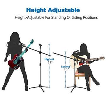 Microphone Stand, Kasonic Adjustable Tripod Boom Mic Stands with 2 Mic Clip Holders; Professional Collapsible for Performance, Karaoke Singing, Speech, Wedding, Stage and Outdoor Activity - Black