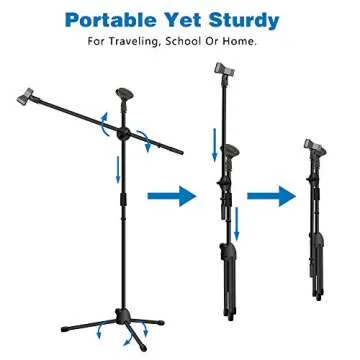 Microphone Stand, Kasonic Adjustable Tripod Boom Mic Stands with 2 Mic Clip Holders; Professional Collapsible for Performance, Karaoke Singing, Speech, Wedding, Stage and Outdoor Activity - Black