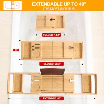 Premium Bathtub Tray Caddy - Bath Tray Expandable - Bath Tub Tray Table for Bathtub, Bamboo Wooden, Fits Most Bath Tubs