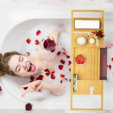 Premium Bathtub Tray Caddy - Bath Tray Expandable - Bath Tub Tray Table for Bathtub, Bamboo Wooden, Fits Most Bath Tubs