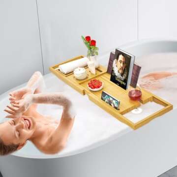 Premium Bathtub Tray Caddy - Bath Tray Expandable - Bath Tub Tray Table for Bathtub, Bamboo Wooden, Fits Most Bath Tubs