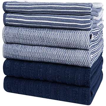 Premium Kitchen Dish Hand Towels (20”x 28”, 6 Pack) | Large,Cotton Flat & Terry Highly Absorbent Tea Towels Set with Hanging Loop | Navy Blue