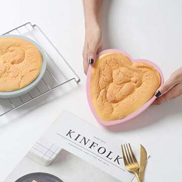 Goeielewe 2PCS Heart Shaped Cake Pan Silicone Cake Mold Baking Pans Non-Stick Cake Bakeware Mold, Chocolate Baking Tray Valentine's Gift - Pink&Blue-gray Colors (8 Inches)