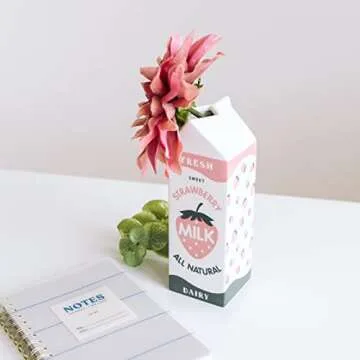 Retro Strawberry Milk Carton vase –Vintage Inspired Kawaii Ceramic vase -Pink Strawberry Flower vase -Cute Accent Decor for Your Home Kitchen Office
