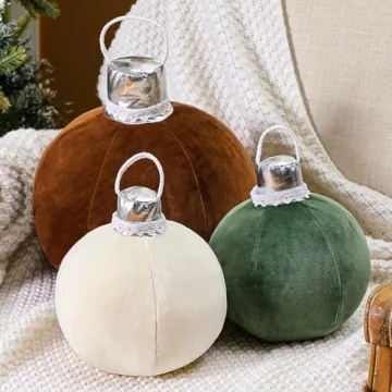 Shellwei 3 Pcs Christmas Bell Pillow Velvet Round Throw Pillows 3D Stuffed Ball Shaped Pillow Neutra...