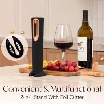 Electric Wine Opener Battery Operated with Stand and Built-in Foil Cutter - Automatic Wine Opener - Electric Corkscrew for Easy Cork Removal - Best Gift for Wine Lover (Black and Rose Gold)