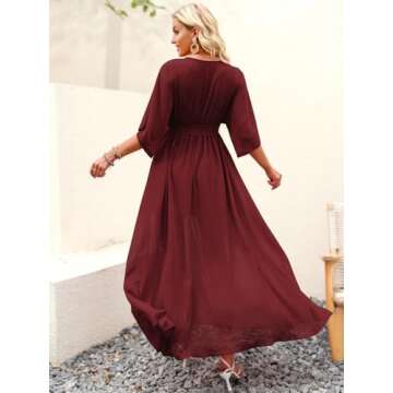 ANRABESS Women’s Summer Loose Boho Flowy Wrap V Neck 3/4 Sleeve Floral Print Slit Beach Wedding Guest Long Maxi Dresses Red X-Large