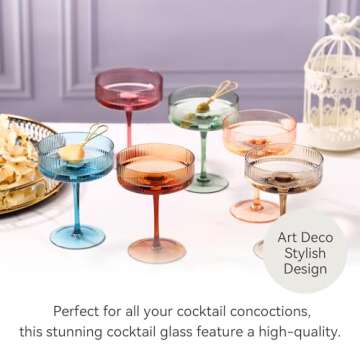 Colored Vintage Art Deco Coupe Glasses Set of 6 |Ribbed 9 oz Valentine's Day martini Glasses |Colorf...
