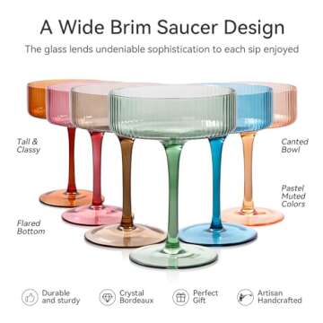 Colored Vintage Art Deco Coupe Glasses Set of 6 |Ribbed 9 oz Valentine's Day martini Glasses |Colorful Cocktail Glasses Set,Colored Coupe Glass,Champagne Coupe Glasses for Cocktail,Martini,Champagne