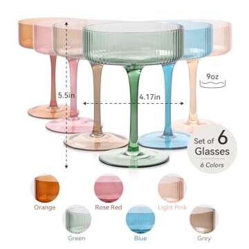 Colored Vintage Art Deco Coupe Glasses Set of 6 |Ribbed 9 oz Valentine's Day martini Glasses |Colorful Cocktail Glasses Set,Colored Coupe Glass,Champagne Coupe Glasses for Cocktail,Martini,Champagne