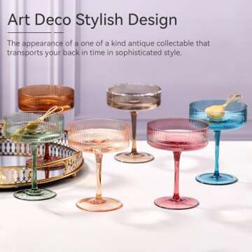 Colored Vintage Art Deco Coupe Glasses Set of 6 |Ribbed 9 oz Valentine's Day martini Glasses |Colorful Cocktail Glasses Set,Colored Coupe Glass,Champagne Coupe Glasses for Cocktail,Martini,Champagne
