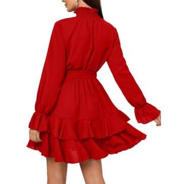 SweatyRocks Women's Elegant High Neck Flounce Sleeve High Waist Ruffle Belted Party Mini Dress Red X...