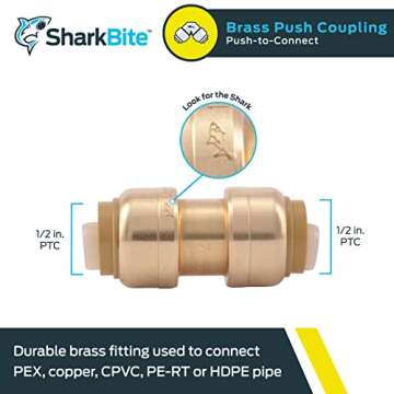 SharkBite 1/2 Inch Coupling, Push to Connect Brass Plumbing Fitting, PEX Pipe, Copper, CPVC, PE-RT, ...