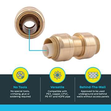 SharkBite 1/2 Inch Coupling, Push to Connect Brass Plumbing Fitting, PEX Pipe, Copper, CPVC, PE-RT, HDPE, U008LFA