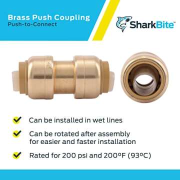 SharkBite 1/2 Inch Coupling, Push to Connect Brass Plumbing Fitting, PEX Pipe, Copper, CPVC, PE-RT, HDPE, U008LFA