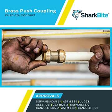 SharkBite 1/2 Inch Coupling, Push to Connect Brass Plumbing Fitting, PEX Pipe, Copper, CPVC, PE-RT, HDPE, U008LFA