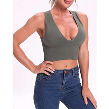 Venbond Women's Sexy Sleeveless Seamless Crop Top Deep Plunge V Neck Ribbed Tank Top with Removable Pads (Green, L)