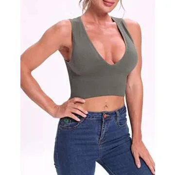 Venbond Women's Sexy Sleeveless Seamless Crop Top Deep Plunge V Neck Ribbed Tank Top with Removable Pads (Green, L)