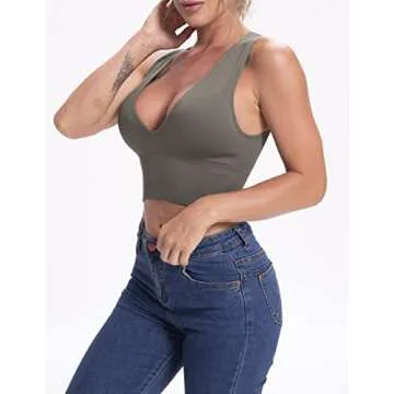 Venbond Women's Sexy Sleeveless Seamless Crop Top Deep Plunge V Neck Ribbed Tank Top with Removable Pads (Green, L)