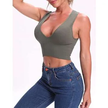 Venbond Women's Sexy Sleeveless Seamless Crop Top Deep Plunge V Neck Ribbed Tank Top with Removable Pads (Green, L)