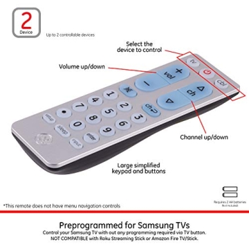 GE Big Button Universal Remote Control for Samsung, Vizio, LG, Sony, Sharp, Roku, Apple TV, TCL, Panasonic, Smart TVs, Streaming Players, Blu-Ray, DVD, 2-Device, Silver, 33701
