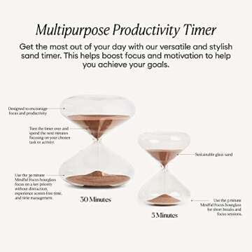 Intelligent Change Mindful Focus 5-Minute Hourglass Sand Timer, Desk Timer for Productivity and Time Management, Minimalist Hourglass Timer, Decorative Gifts, 3.3 (L) x 2.9 (W) inches