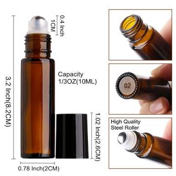 Roll on Bottles 10ml [1/3oz] with Stainless Steel Metal Balls, 6 Pack Amber Empty Refillable Glass E...