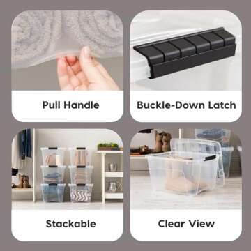 IRIS USA 32 Qt Stackable Plastic Storage Bins with Lids, 6 Pack - BPA-Free, Made in USA - See-Through Organizing Solution, Latches, Durable Nestable Containers, Secure Pull Handle - Clear