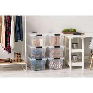 IRIS USA 32 Qt Stackable Plastic Storage Bins with Lids, 6 Pack - BPA-Free, Made in USA - See-Through Organizing Solution, Latches, Durable Nestable Containers, Secure Pull Handle - Clear