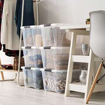 IRIS USA 32 Qt Stackable Plastic Storage Bins with Lids, 6 Pack - BPA-Free, Made in USA - See-Through Organizing Solution, Latches, Durable Nestable Containers, Secure Pull Handle - Clear