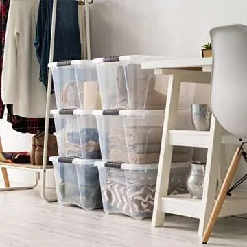 IRIS USA 32 Qt Stackable Plastic Storage Bins with Lids, 6 Pack - BPA-Free, Made in USA - See-Through Organizing Solution, Latches, Durable Nestable Containers, Secure Pull Handle - Clear