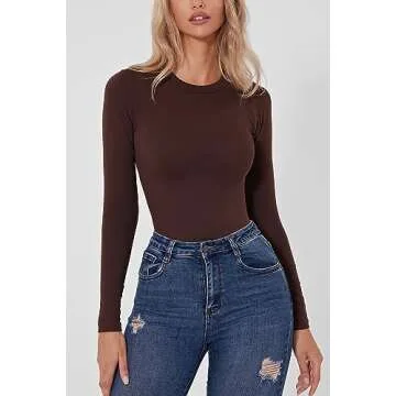 QINSEN Bodysuit for Women Casual Round Neck Long Sleeve Stretch Tops Jumpsuit Stone Brown L
