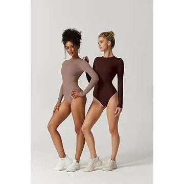 QINSEN Bodysuit for Women Casual Round Neck Long Sleeve Stretch Tops Jumpsuit Stone Brown L