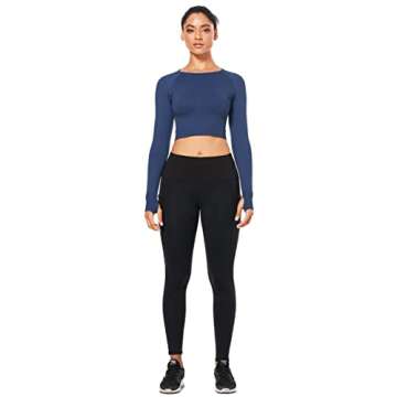 Fall Long Sleeve Seamless Workout Cropped Shirts for Women,Y2K Aesthetic Yoga Gym Crop Top with Thumb Holes, Sport Shirts Trendy Athletic Exercise Clothes Female Outdoor Active-wear Bright Blue Small