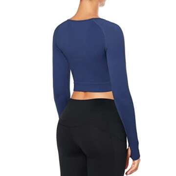 Fall Long Sleeve Seamless Workout Cropped Shirts for Women,Y2K Aesthetic Yoga Gym Crop Top with Thumb Holes, Sport Shirts Trendy Athletic Exercise Clothes Female Outdoor Active-wear Bright Blue Small