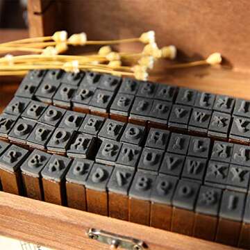 70 Pcs Alphabet Stamps Multipurpose Number Alphabet Letter Wood Rubber Stamps Set with Vintage Wooden Box for Card Making Painting Teaching