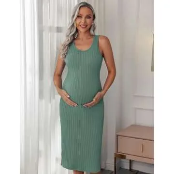 Ekouaer Women's Maternity Dress Rib Knit Sleeveless Baby Shower Dresses Casual Bodycon Pregnancy Clo...